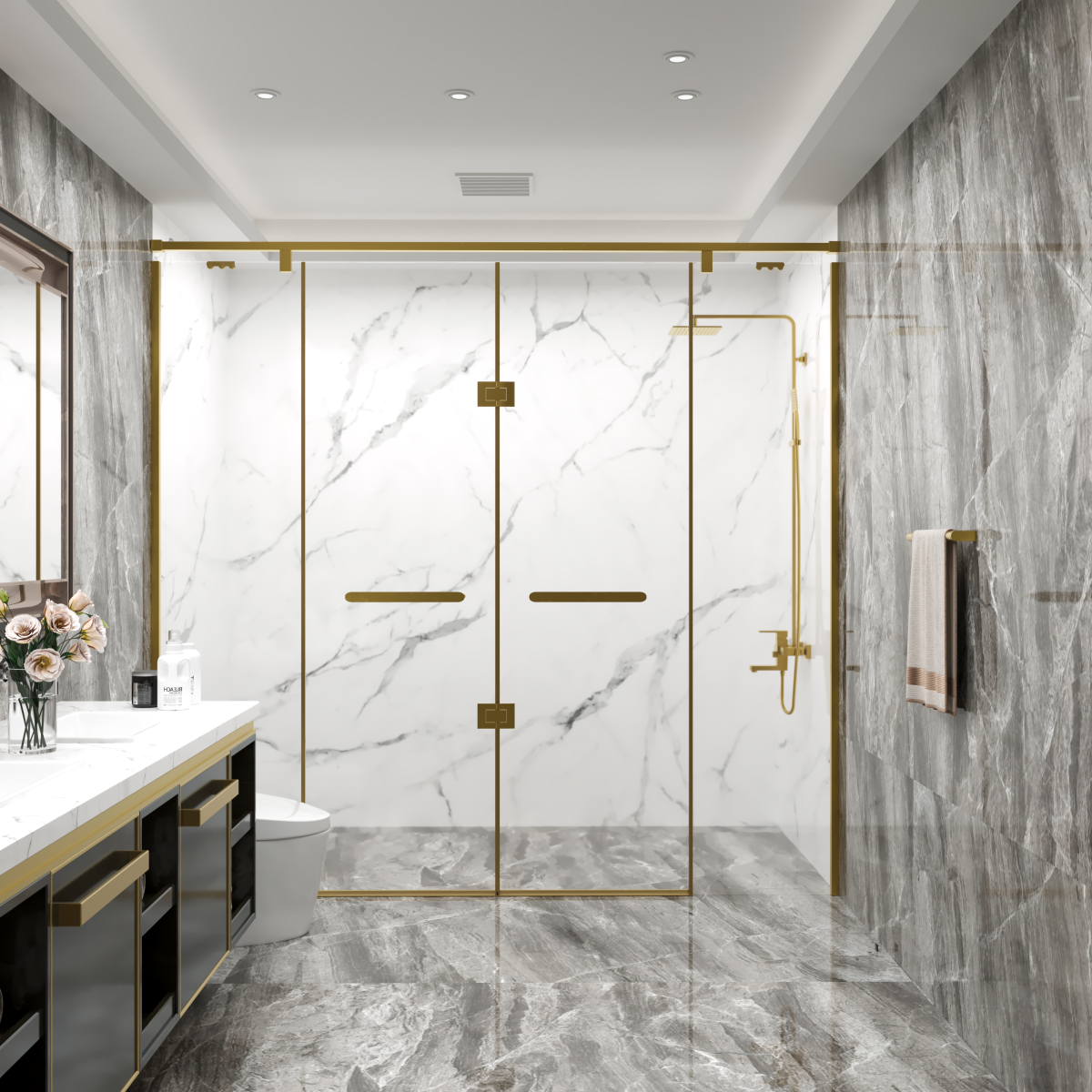 PANEWA 6 MM MENTEŞELİ PARADUŞ SİSTEM KAPI GİRİŞ 2  SABİT 2 ÇALIŞIR DUŞAKABİN H:200 210-219 ARASI - Gold