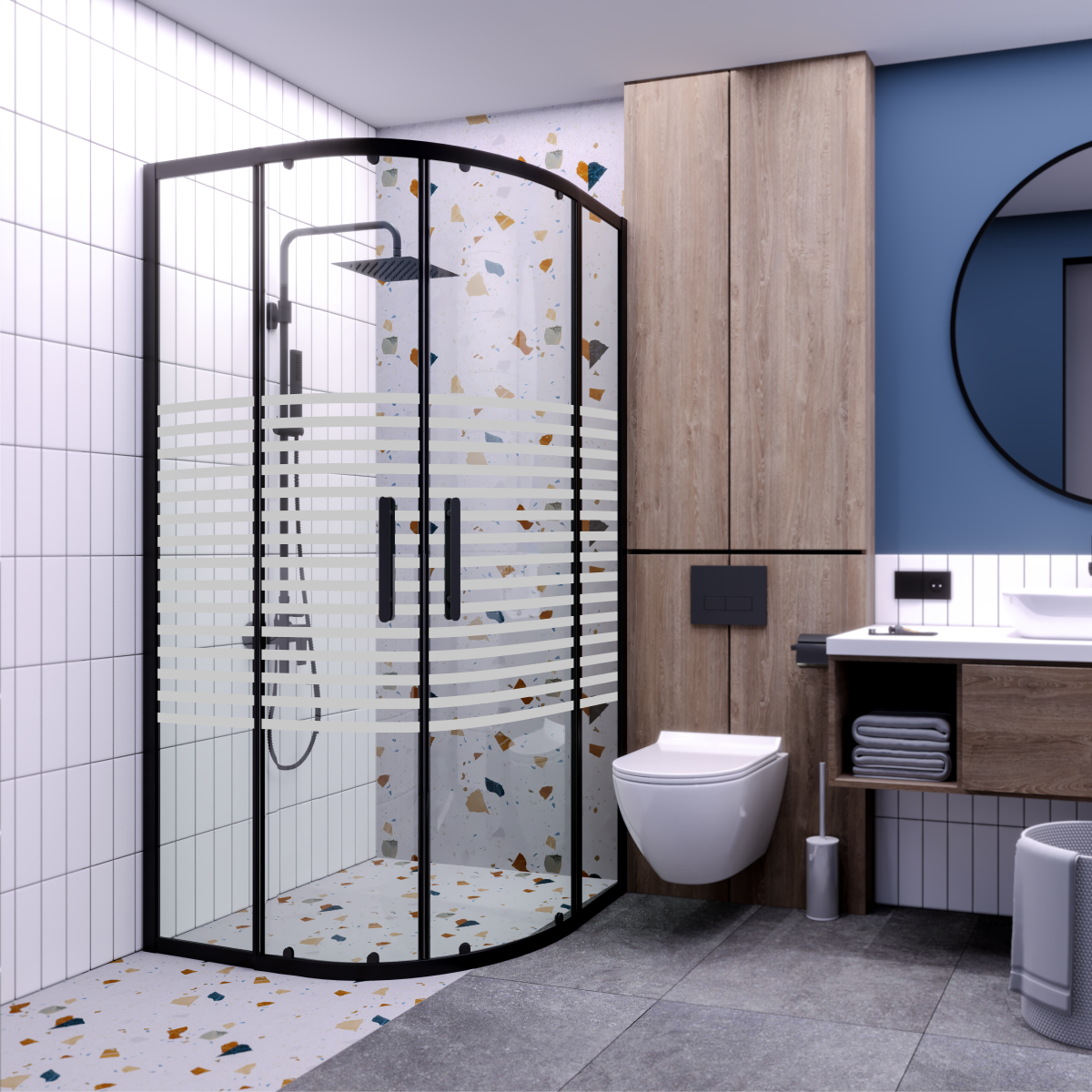 PANEWA 6 MM PRATİCO PNW126 KUMLAMA DESENLİ OVAL DUŞAKABİN H:180 110x110 - Siyah