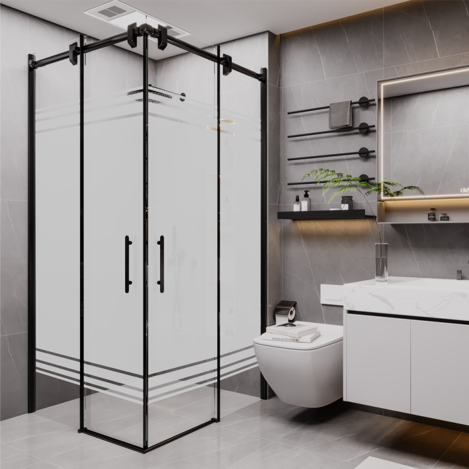 PANEWA 6 MM BORU SİSTEM NOVA PNW28 KUMLAMA DESENLİ KÖŞE GİRİŞLİ DUŞAKABİN H:190 100x100 - Siyah