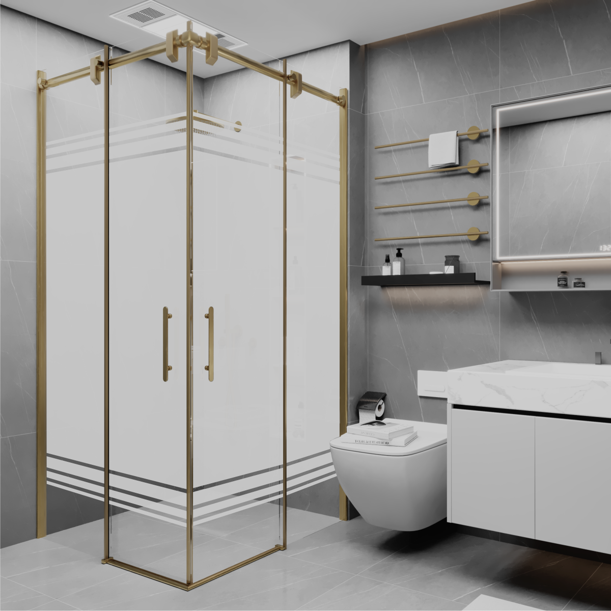 PANEWA 6 MM BORU SİSTEM NOVA PNW28 KUMLAMA DESENLİ KÖŞE GİRİŞLİ DUŞAKABİN H:190 90x90 - Gold
