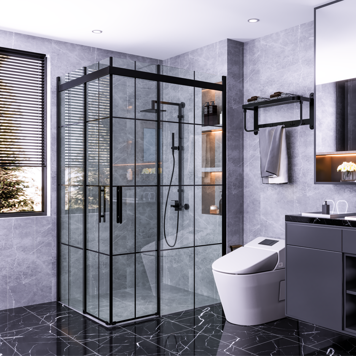 PANEWA 6 MM RAİN KAROLAJLI ŞEFFAF KÖŞE GİRİŞLİ DUŞAKABİN H:190 90x90 - Siyah