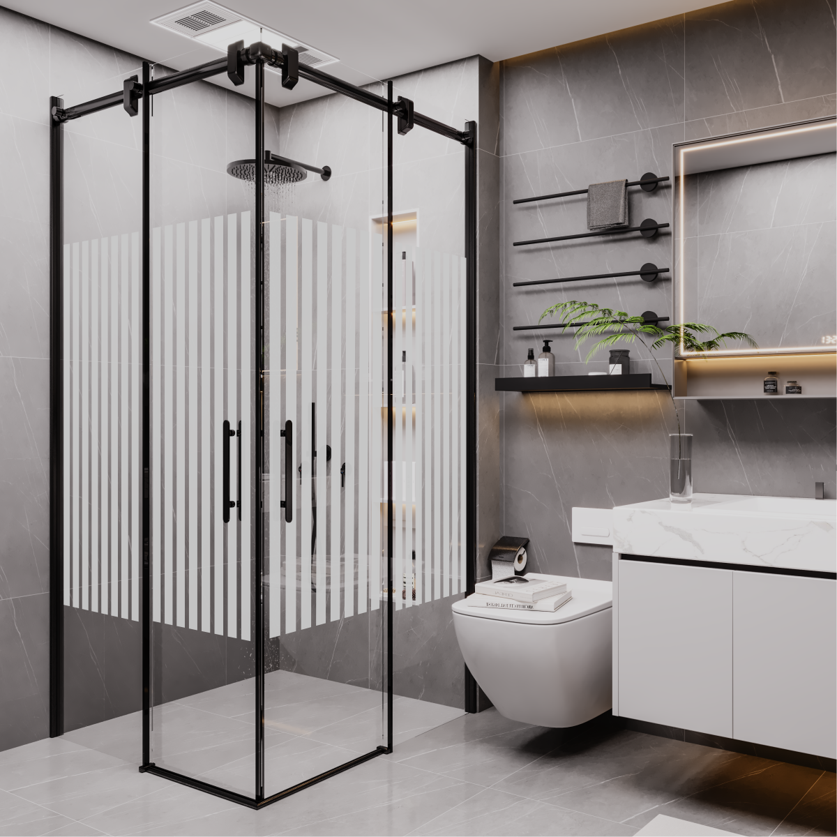 PANEWA 6 MM BORU SİSTEM NOVA PNW81 KUMLAMA DESENLİ KÖŞE GİRİŞLİ DUŞAKABİN H:190 90x90 - Siyah