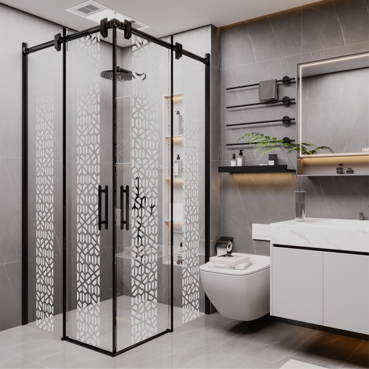 PANEWA 6 MM BORU SİSTEM NOVA PNW125 KUMLAMA DESENLİ KÖŞE GİRİŞLİ DUŞAKABİN H:190 100x100 - Siyah