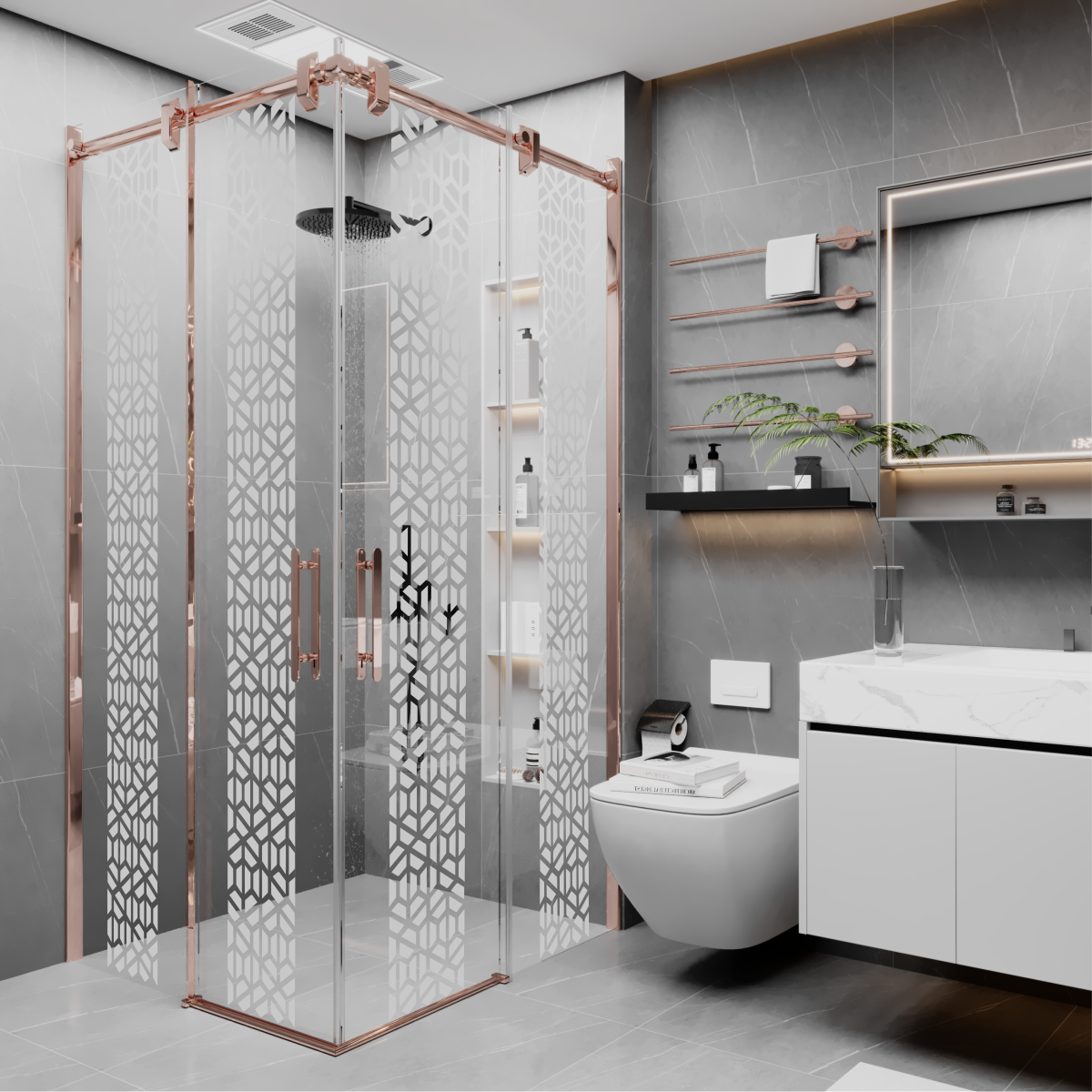 PANEWA 6 MM BORU SİSTEM NOVA PNW125 KUMLAMA DESENLİ KÖŞE GİRİŞLİ DUŞAKABİN H:190 110x110 - Rose