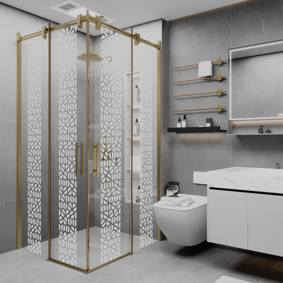 PANEWA 6 MM BORU SİSTEM NOVA PNW125 KUMLAMA DESENLİ KÖŞE GİRİŞLİ DUŞAKABİN H:190 90x90 - Gold