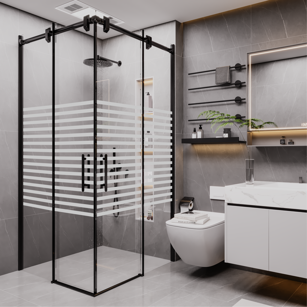 PANEWA 6 MM BORU SİSTEM NOVA PNW126 KUMLAMA DESENLİ KÖŞE GİRİŞLİ DUŞAKABİN H:190 90x90 - Siyah