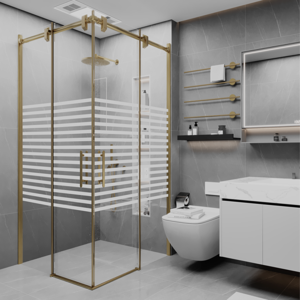 PANEWA 6 MM BORU SİSTEM NOVA PNW126 KUMLAMA DESENLİ KÖŞE GİRİŞLİ DUŞAKABİN H:190 90x90 - Gold