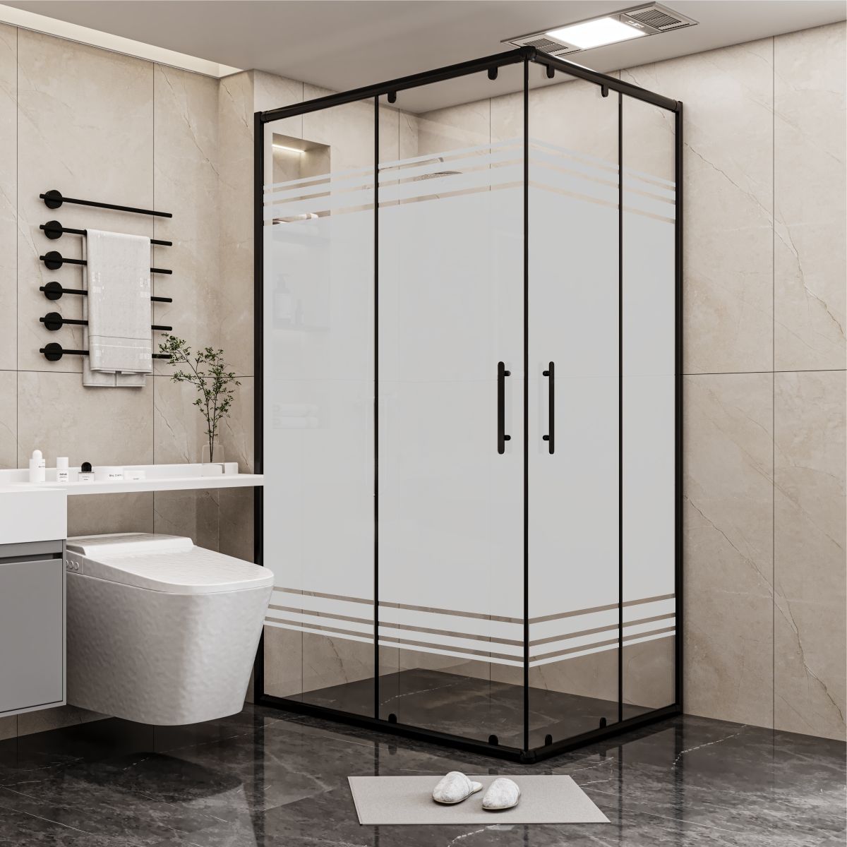 PANEWA 6 MM SÜPERLÜKS PNW28 KUMLAMA DESENLİ KÖŞE GİRİŞLİ DUŞAKABİN H:190 100x100 - Siyah