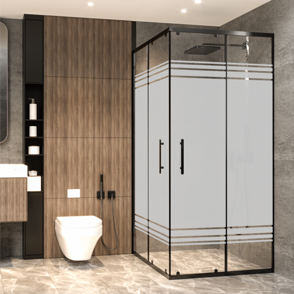 PANEWA 4 MM PRATİCO PNW28 KUMLAMA DESENLİ KÖŞE GİRİŞLİ DUŞAKABİN H:180 110x110 - Siyah