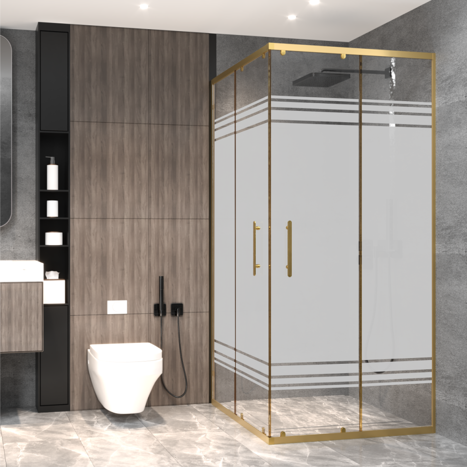 PANEWA 4 MM PRATİCO PNW28 KUMLAMA DESENLİ KÖŞE GİRİŞLİ DUŞAKABİN H:180 100x100 - Gold