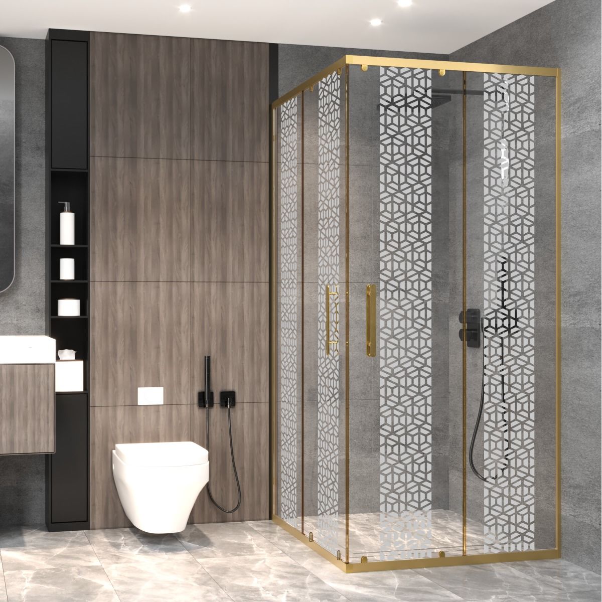 PANEWA 4 MM PRATİCO PNW125 KUMLAMA DESENLİ KÖŞE GİRİŞLİ DUŞAKABİN H:180 110x110 - Gold