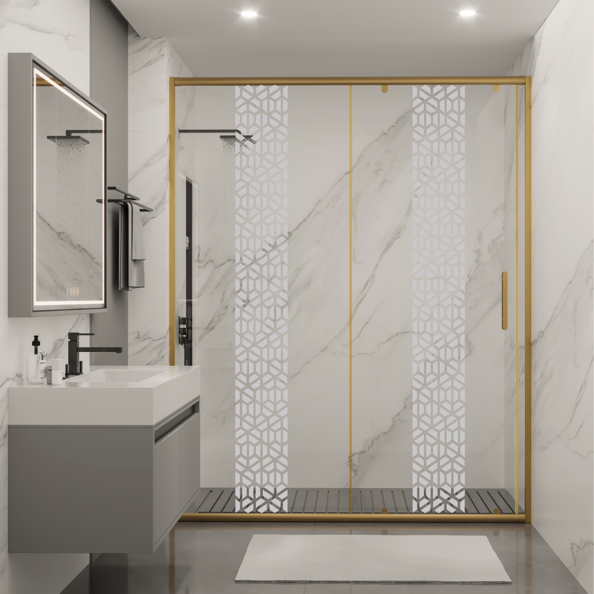 PANEWA 6 MM SÜPERLÜKS PNW125 KUMLAMA DESENLİ 1 SABİT 1 ÇALIŞIR DUŞAKABİN H:180 120-129 ARASI - Gold