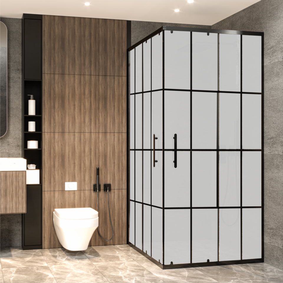 PANEWA 6 MM PRATİCO KAROLAJ KOMPLE KUMLU KÖŞE GİRİŞLİ H:190 110x110 - Siyah