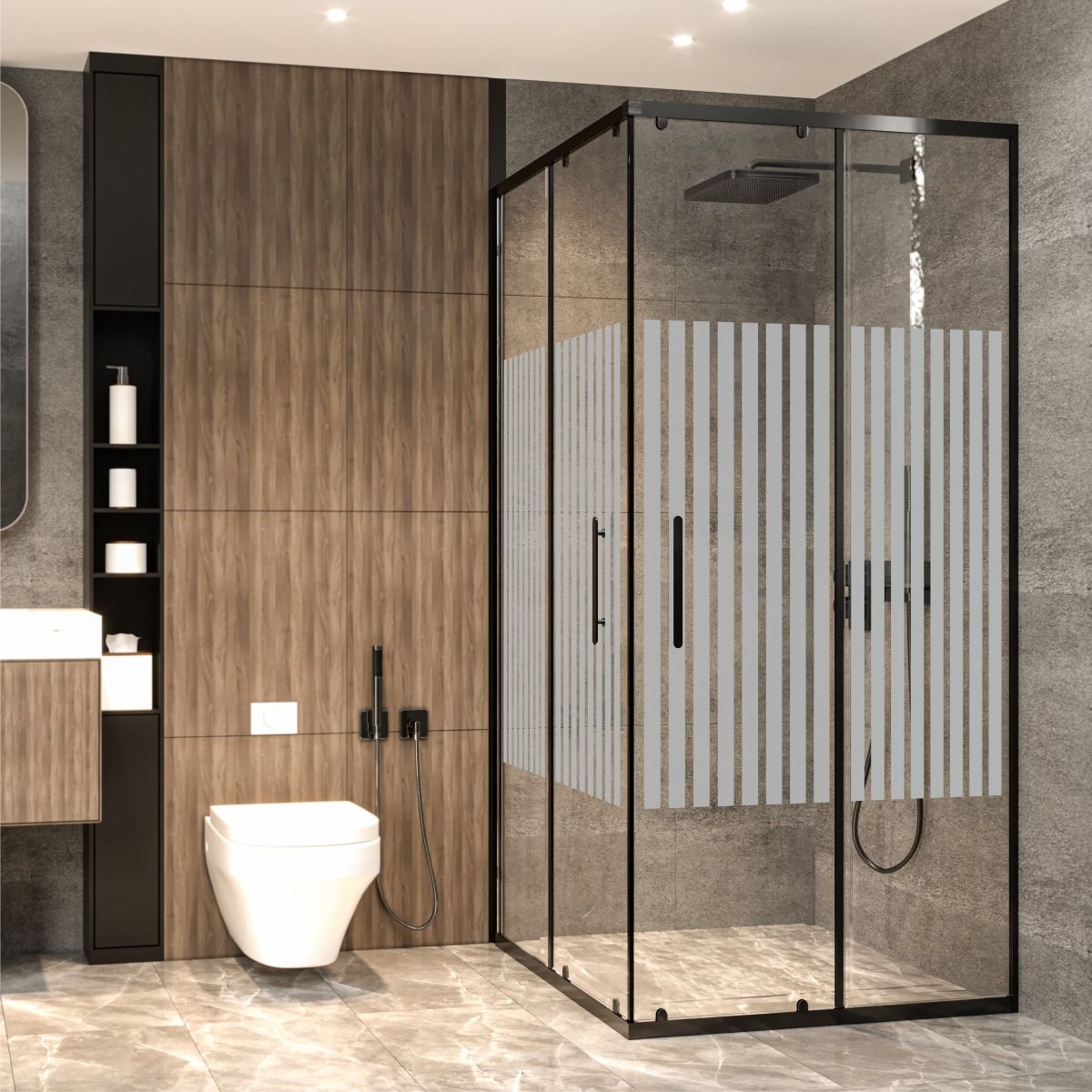 PANEWA 6 MM PRATİCO PNW81 KUMLAMA DESENLİ KÖŞE GİRİŞLİ DUŞAKABİN H:180 90x90 - Siyah