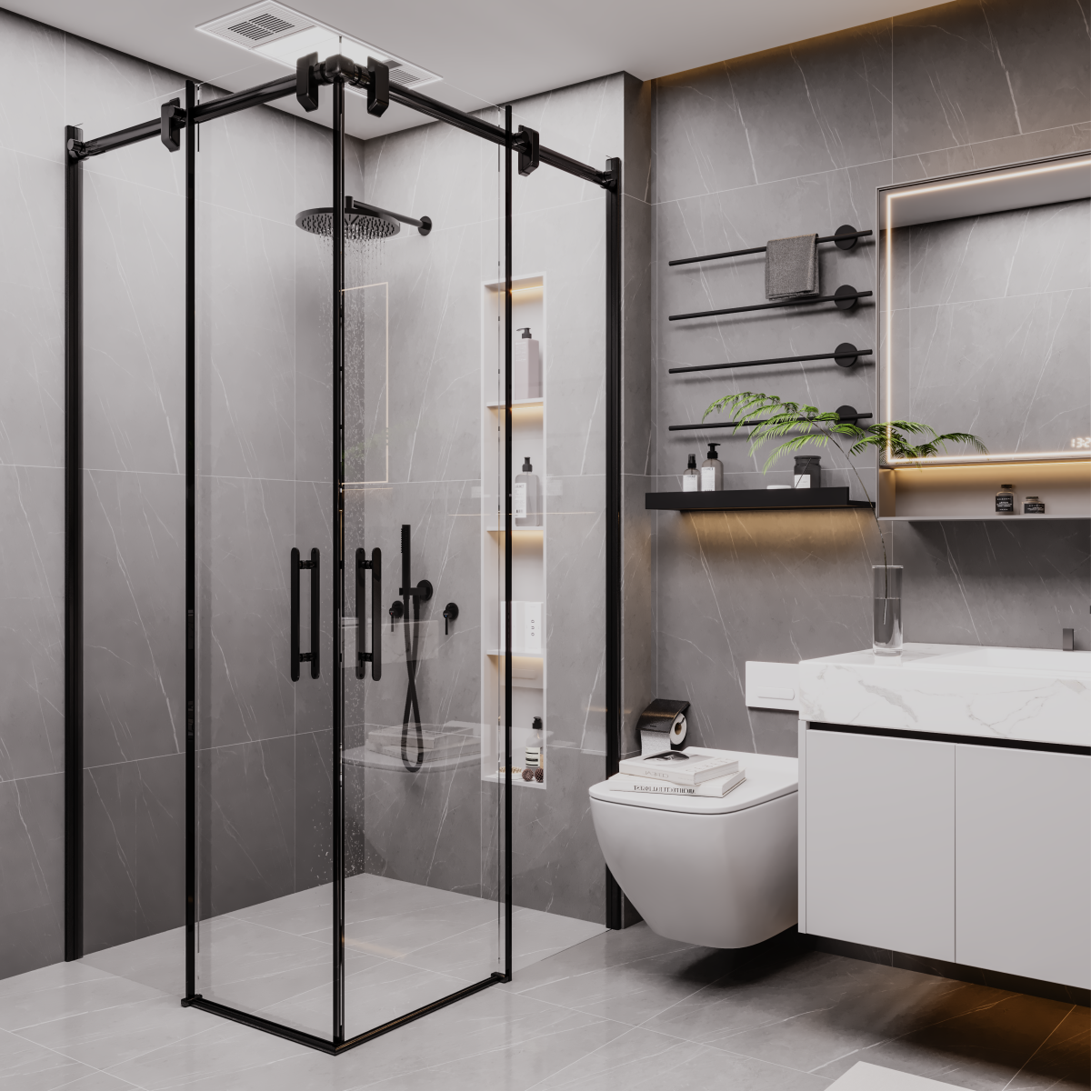 PANEWA 6 MM ASKILI SİSTEM ROYAL PNW125 KUMLAMA DESENLİ KÖŞE GİRİŞLİ DUŞAKABİN H:190 90x90 - Siyah