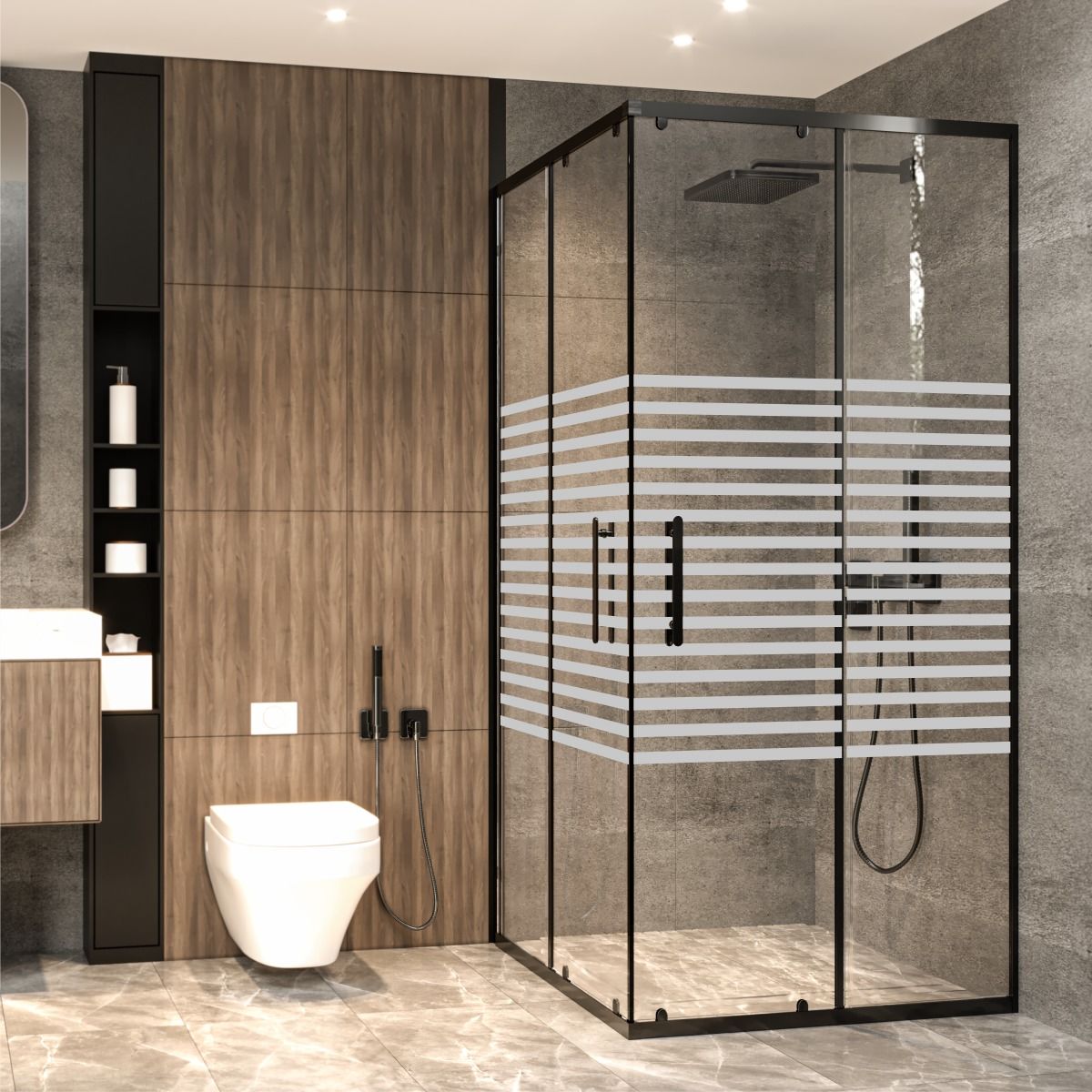 PANEWA 6 MM PRATİCO PNW126 KUMLAMA DESENLİ KÖŞE GİRİŞLİ DUŞAKABİN H:180 90x90 - Siyah