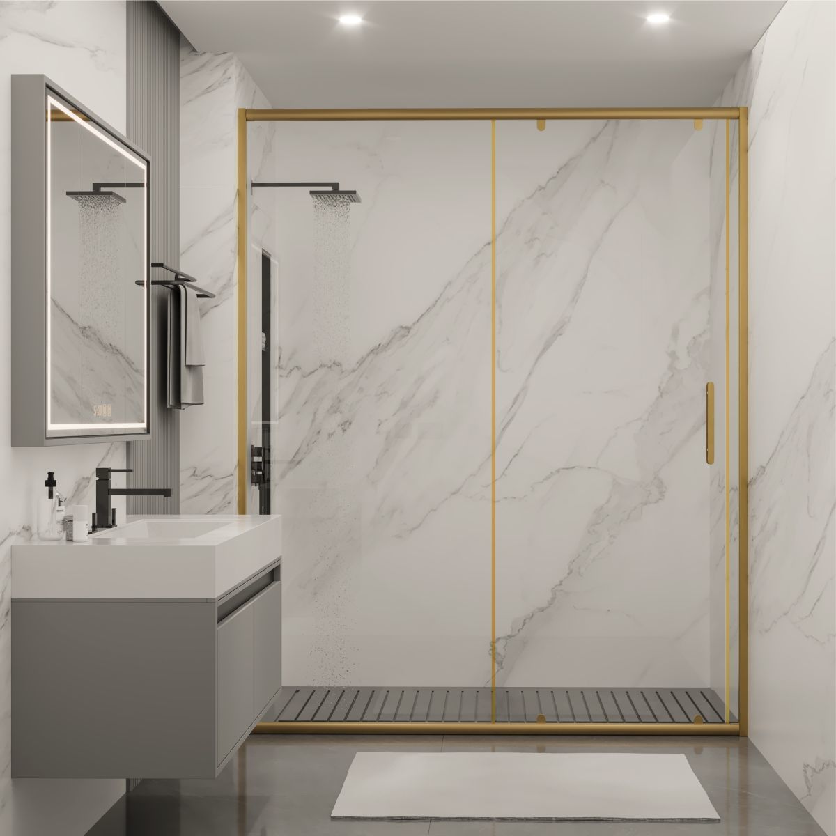PANEWA 6 MM ASKILI SİSTEM ROYAL PNW81 KUMLAMA DESENLİ 1 SABİT 1 ÇALIŞIR  DUŞAKABİN H:190 120-129 ARASI - Gold