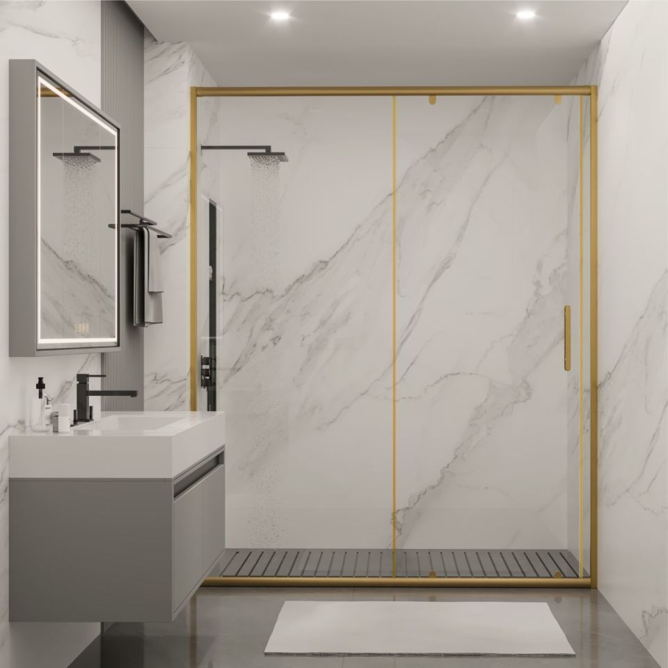 PANEWA 6 MM ASKILI SİSTEM ROYAL PNW81 KUMLAMA DESENLİ 1 SABİT 1 ÇALIŞIR  DUŞAKABİN H:190 140-149 ARASI - Gold