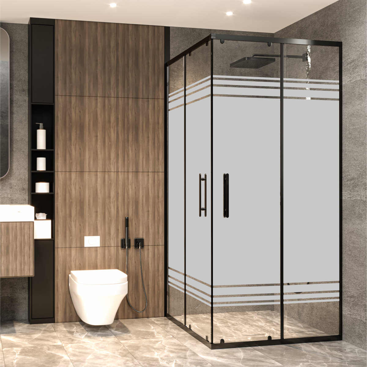 PANEWA 4 MM PRATİCO PNW28 KUMLAMA DESENLİ KÖŞE GİRİŞLİ DUŞAKABİN H:190 100x100 - Siyah