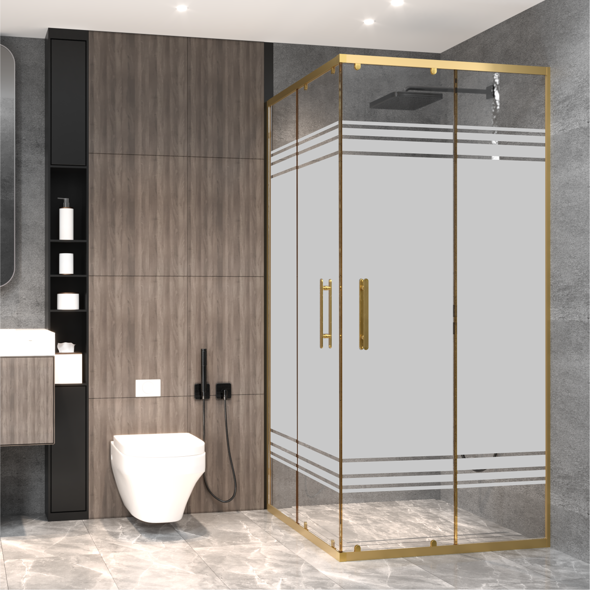 PANEWA 4 MM PRATİCO PNW28 KUMLAMA DESENLİ KÖŞE GİRİŞLİ DUŞAKABİN H:190 110x110 - Gold
