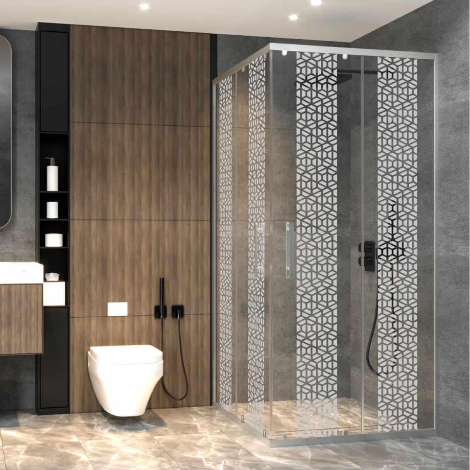 PANEWA 6 MM PRATİCO PNW125 KUMLAMA DESENLİ KÖŞE GİRİŞLİ DUŞAKABİN H:190 90x90 - Parlak