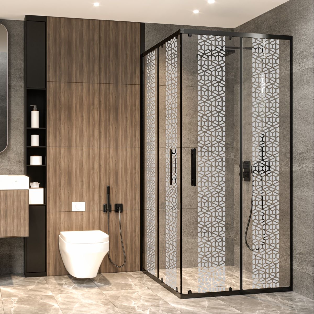 PANEWA 4 MM PRATİCO PNW125 KUMLAMA DESENLİ KÖŞE GİRİŞLİ DUŞAKABİN H:190 120x120 - Siyah