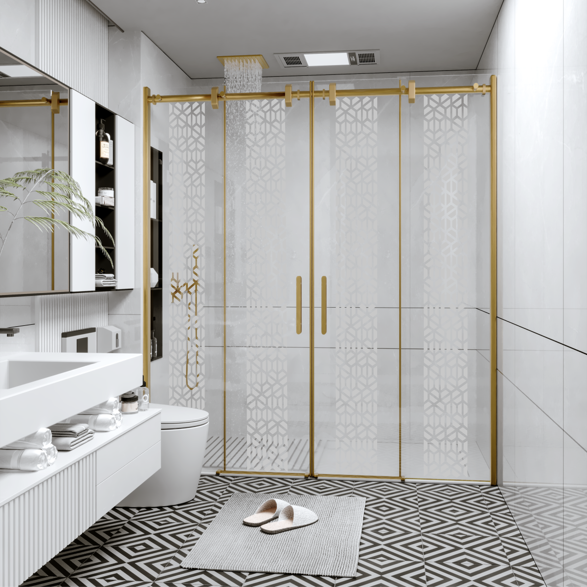 PANEWA 6 MM BORU SİSTEM NOVA PNW125 KUMLAMA DESENLİ 2 SABİT 2 ÇALIŞIR  DUŞAKABİN H:190 150-159 ARASI - Gold