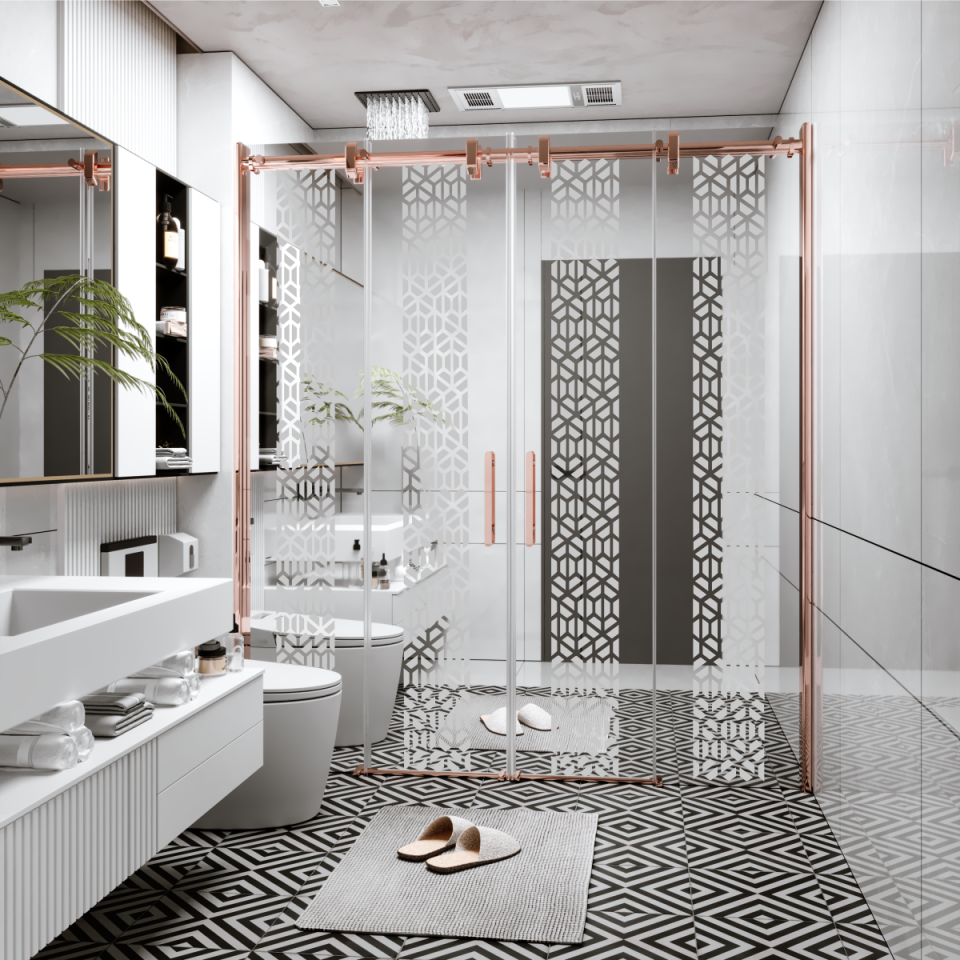 PANEWA 6 MM BORU SİSTEM NOVA PNW125 KUMLAMA DESENLİ 2 SABİT 2 ÇALIŞIR  DUŞAKABİN H:190 180-189 ARASI - Rose