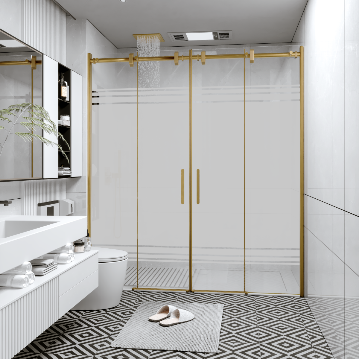 PANEWA 6 MM BORU SİSTEM NOVA PNW28 KUMLAMA DESENLİ 2 SABİT 2 ÇALIŞIR  DUŞAKABİN H:190 180-189 ARASI - Gold